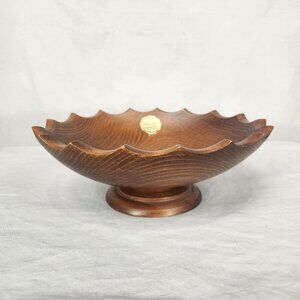 Vintage Woodcroftery Pedestal Scalloped Round Solid Wood Bowl Oval 11.5 x 10.5